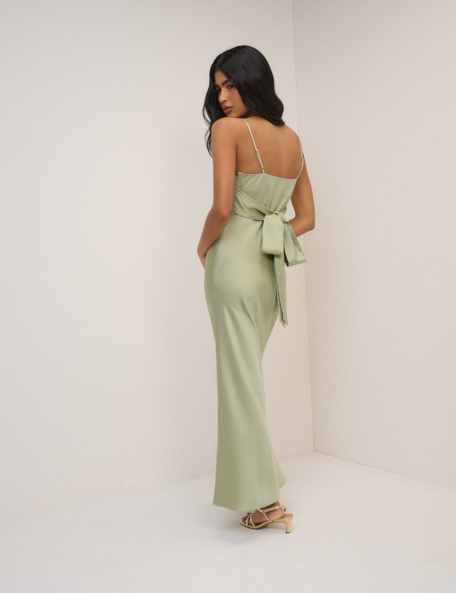 Sage Satin Strappy Ellison Mixi Dress