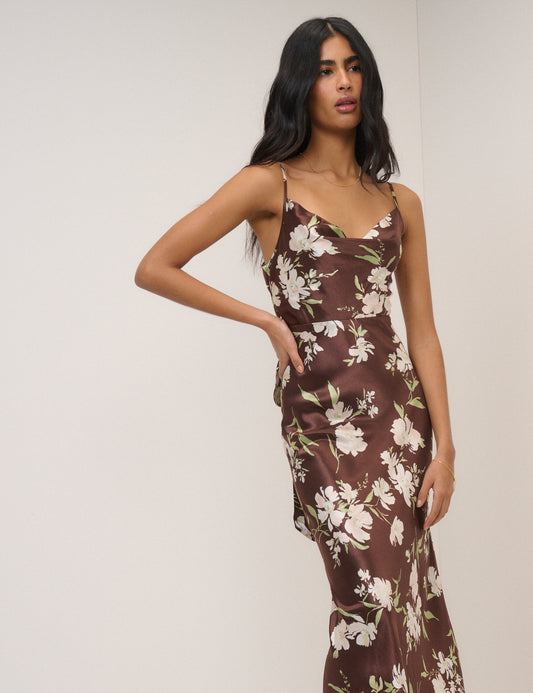 Chocolate Brown Floral Strappy Ellison Maxi Dress