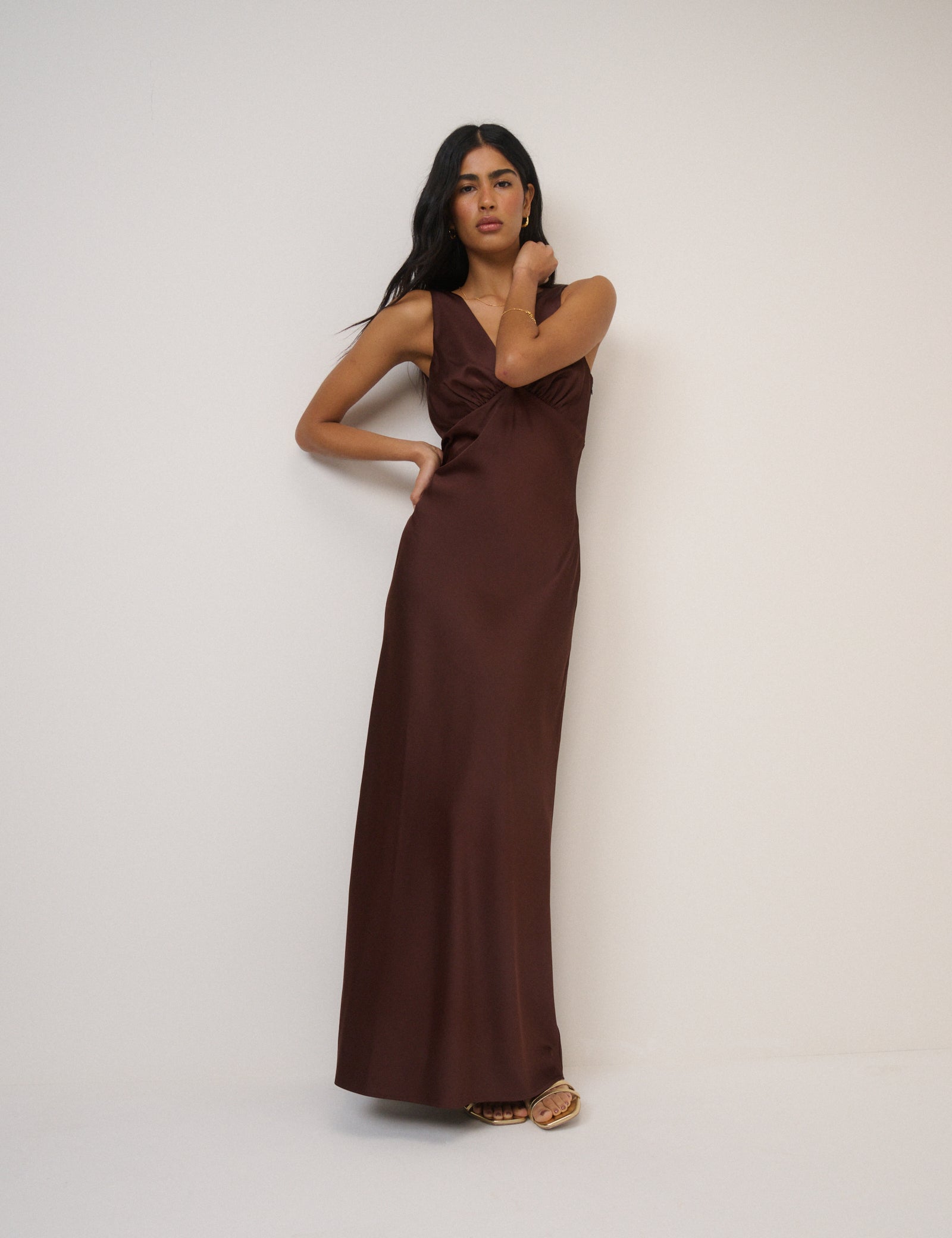brown silk bridesmaid dress S Espresso Chocolate Strapless Midi Bridesmaid Dress