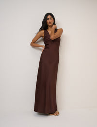 Chocolate Brown Satin Cross Back Joey Maxi Dress