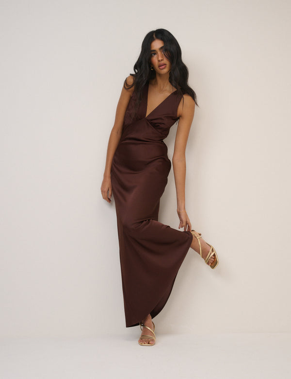 Chocolate Brown Satin Joey Maxi Dress