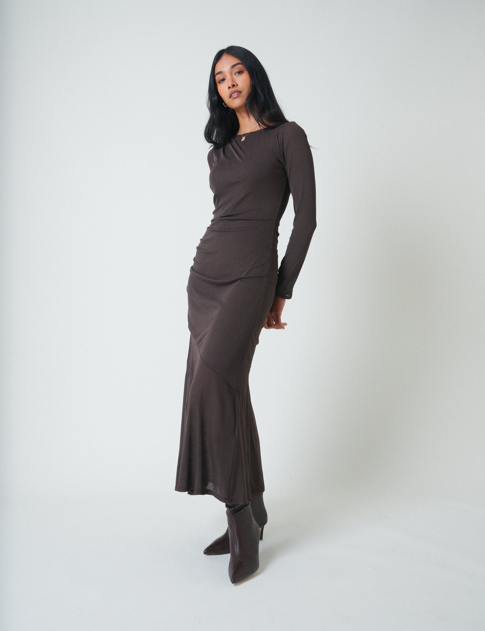 Brown Long Sleeve Draped Tallulah Jersey Midi Dress