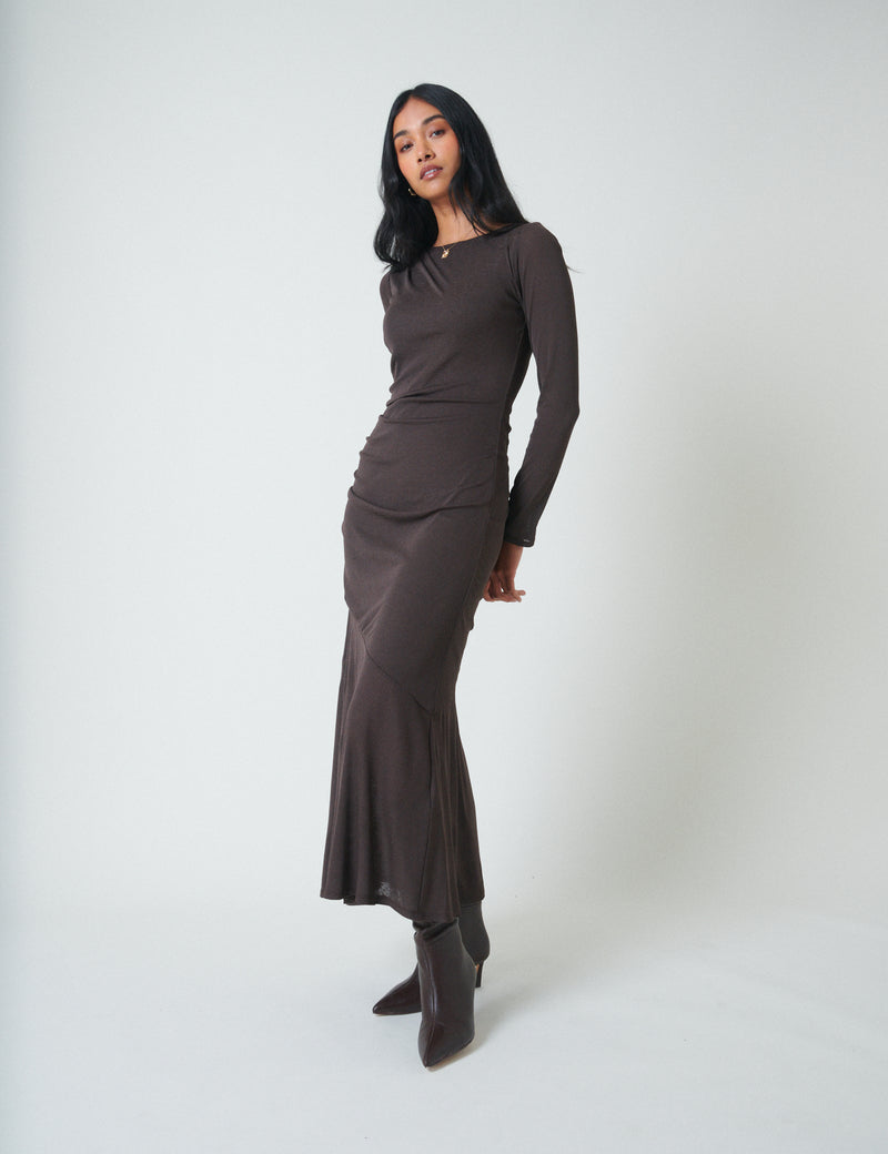 Brown Long Sleeve Draped Tallulah Jersey Midi Dress