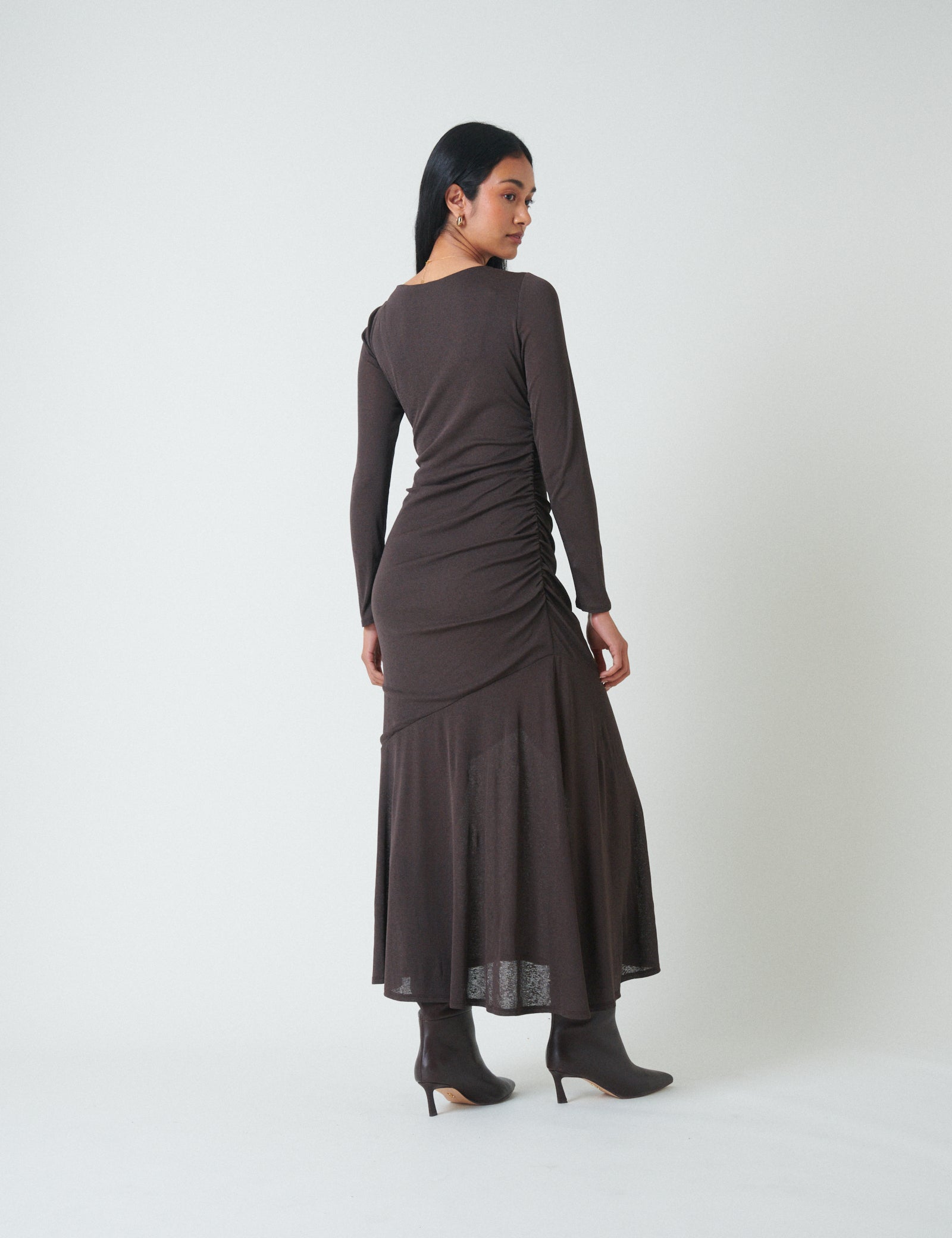 Brown Long Sleeve Draped Tallulah Jersey Midi Dress