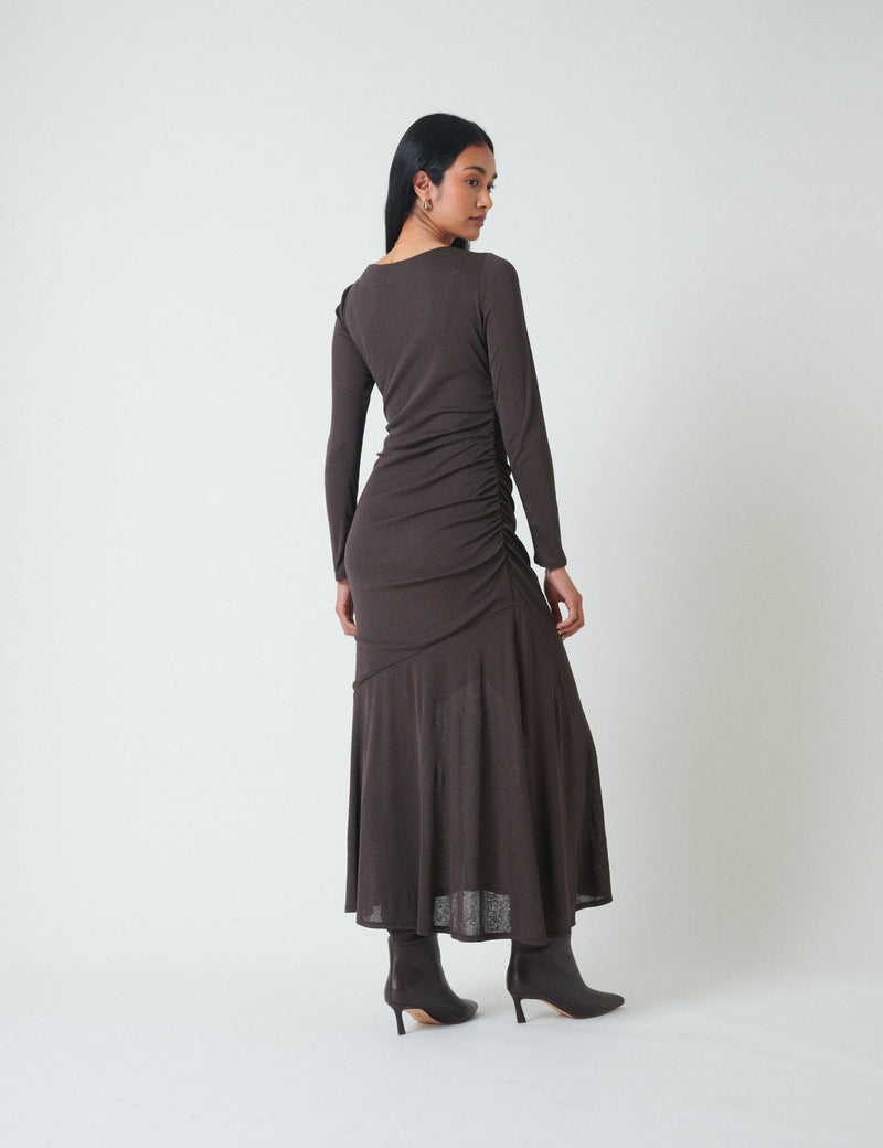 Brown Long Sleeve Draped Tallulah Jersey Midi Dress