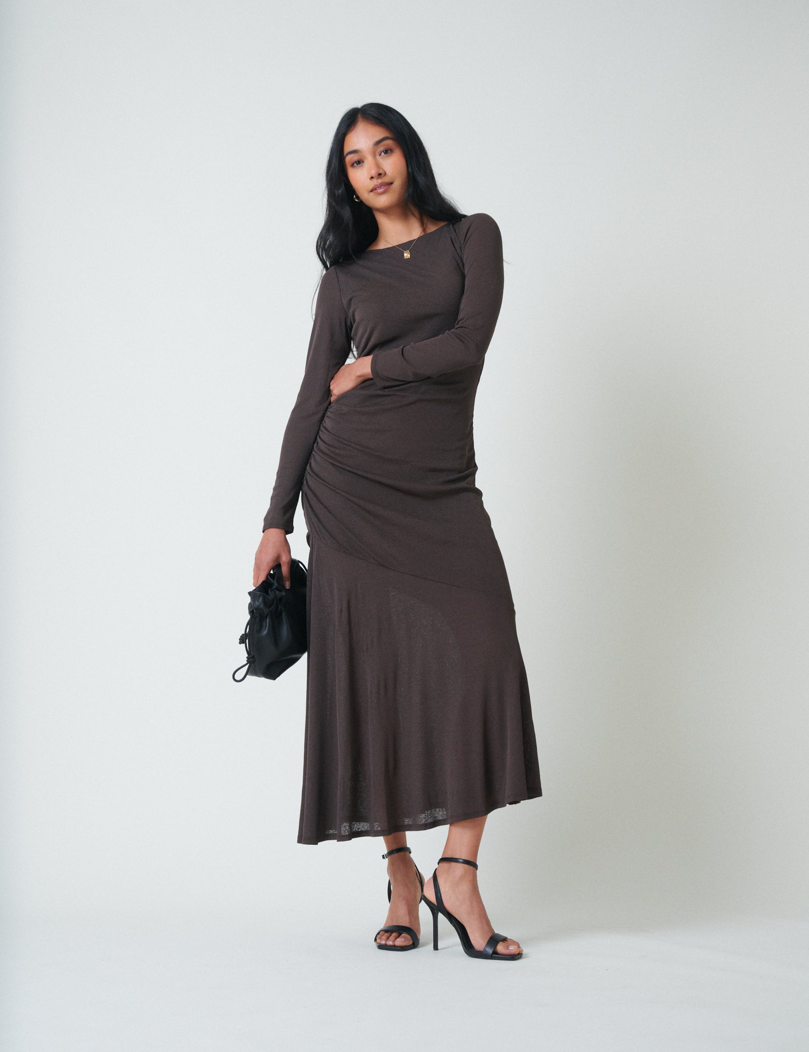 Brown Long Sleeve Draped Tallulah Midi Dress