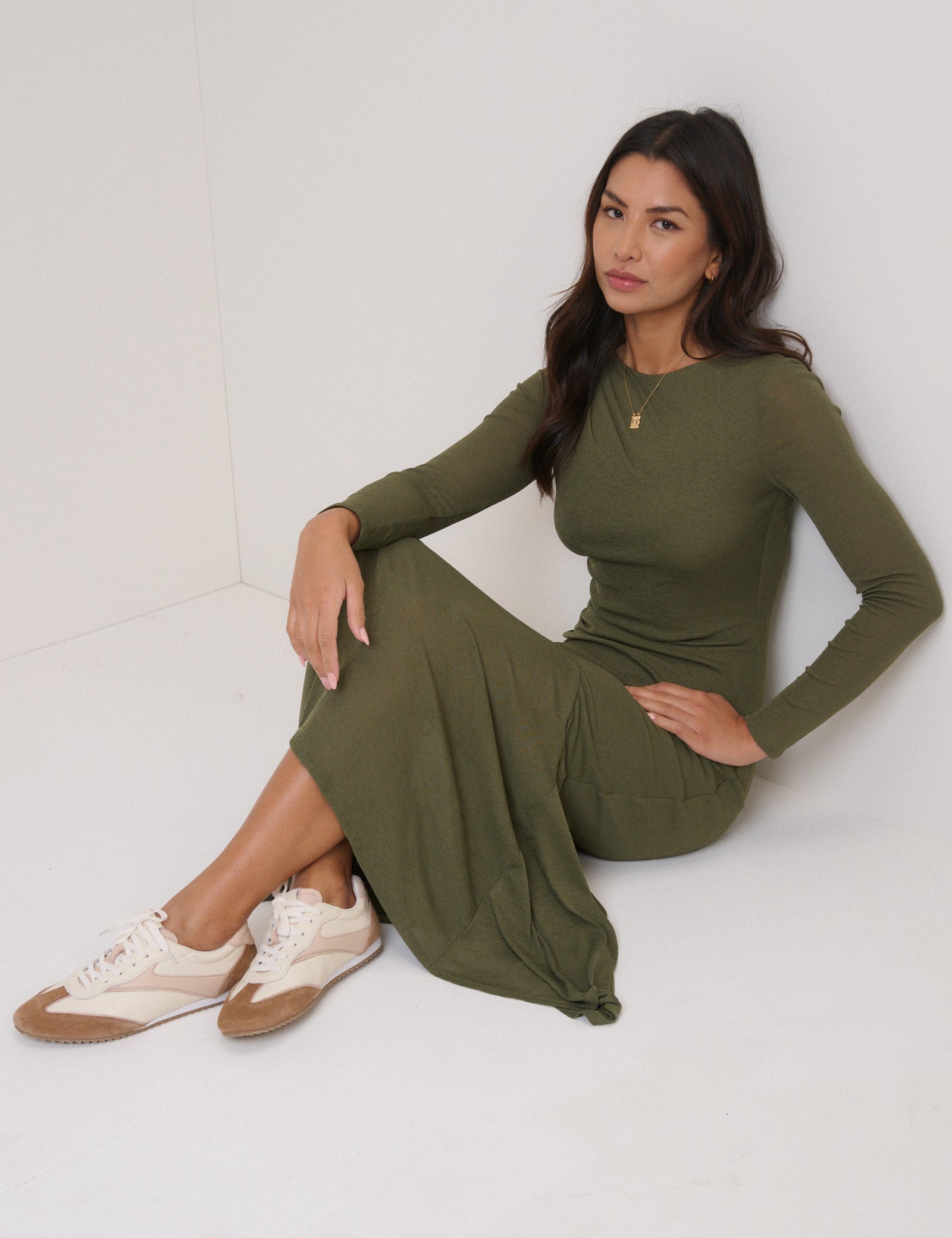 Green Long Sleeve Draped Tallulah Jersey Midi Dress Green Long Sleeve Draped Tallulah Jersey Midi Dress