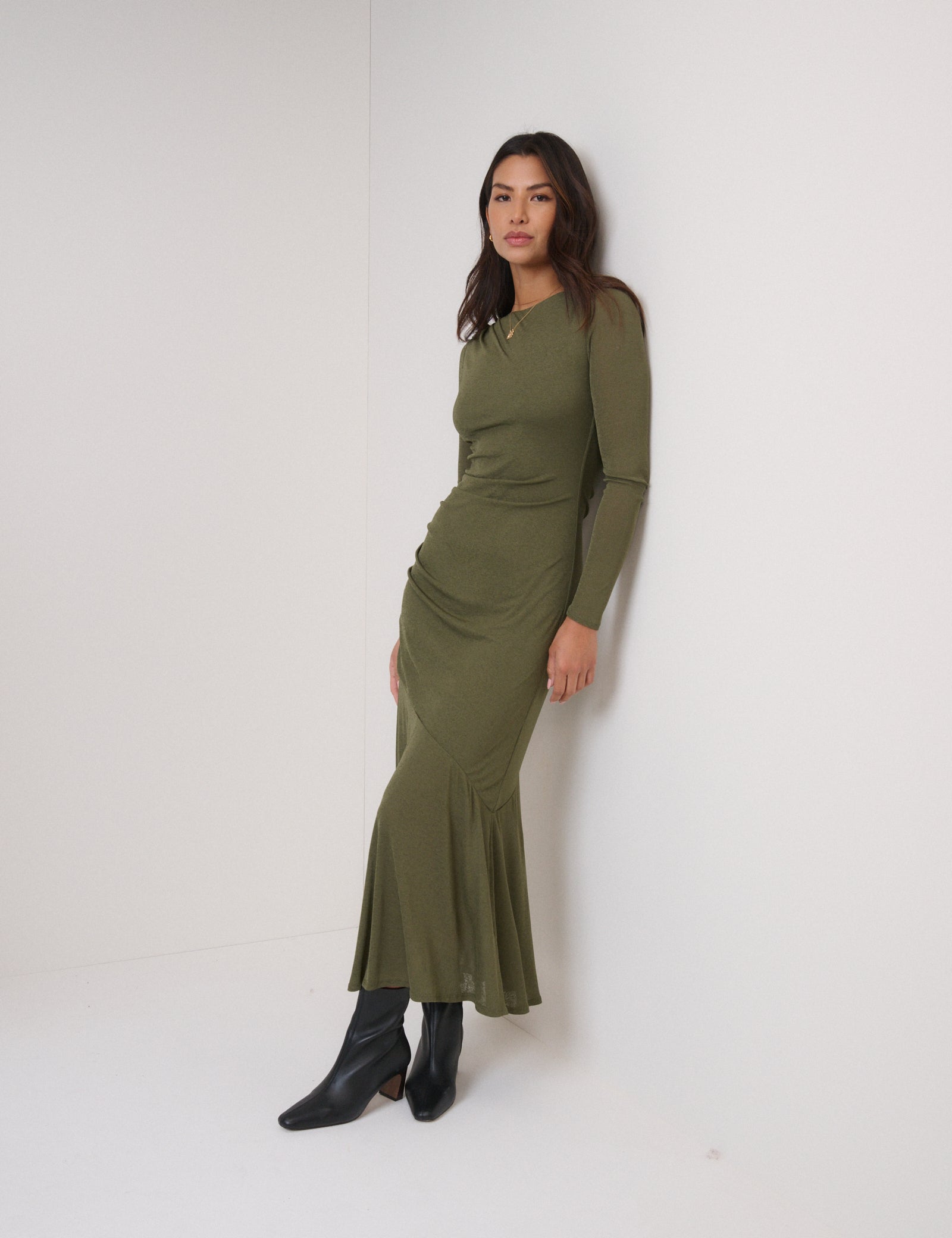 Green Long Sleeve Draped Tallulah Jersey Midi Dress Green Long Sleeve Draped Tallulah Jersey Midi Dress