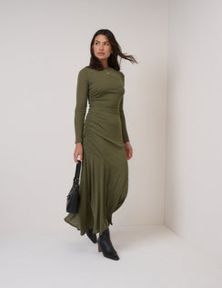 Green Long Sleeve Draped Tallulah Jersey Midi Dress
