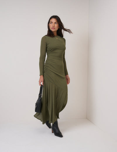 Green Long Sleeve Draped Tallulah Jersey Midi Dress