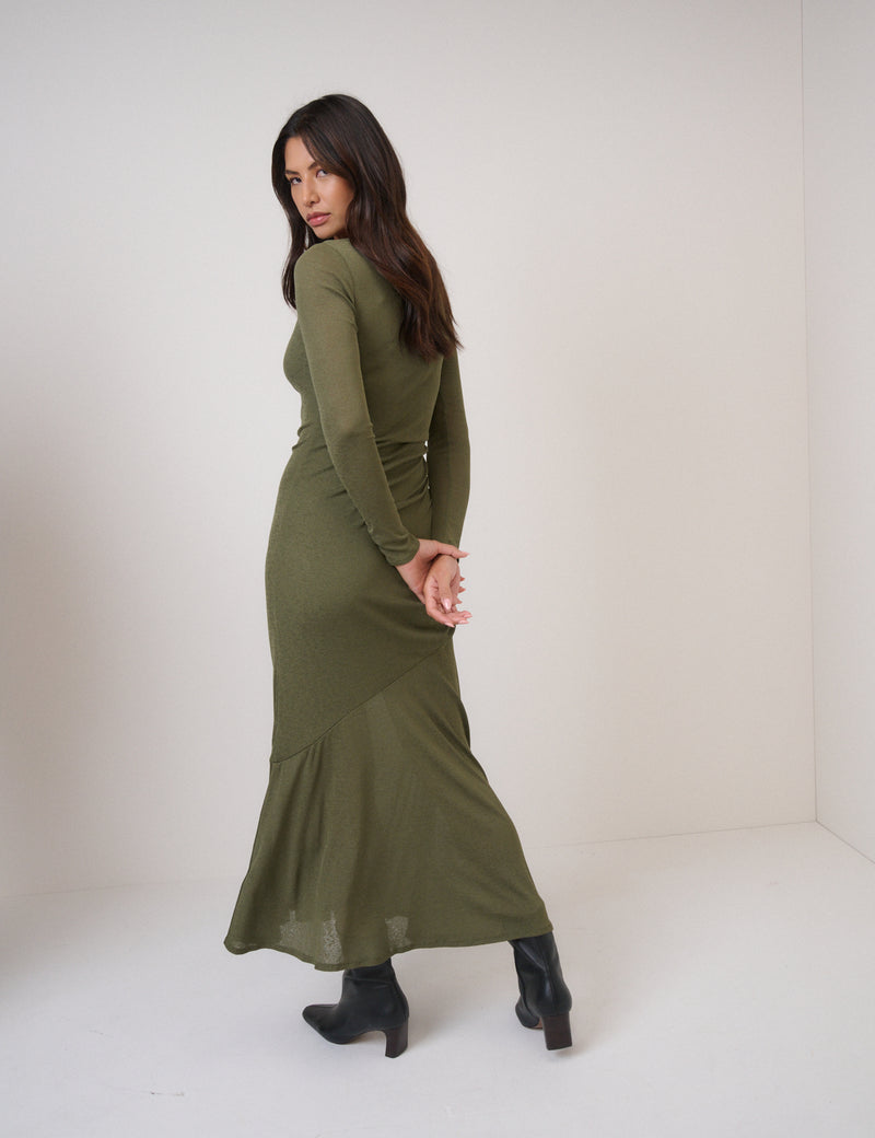 Green Long Sleeve Draped Tallulah Jersey Midi Dress