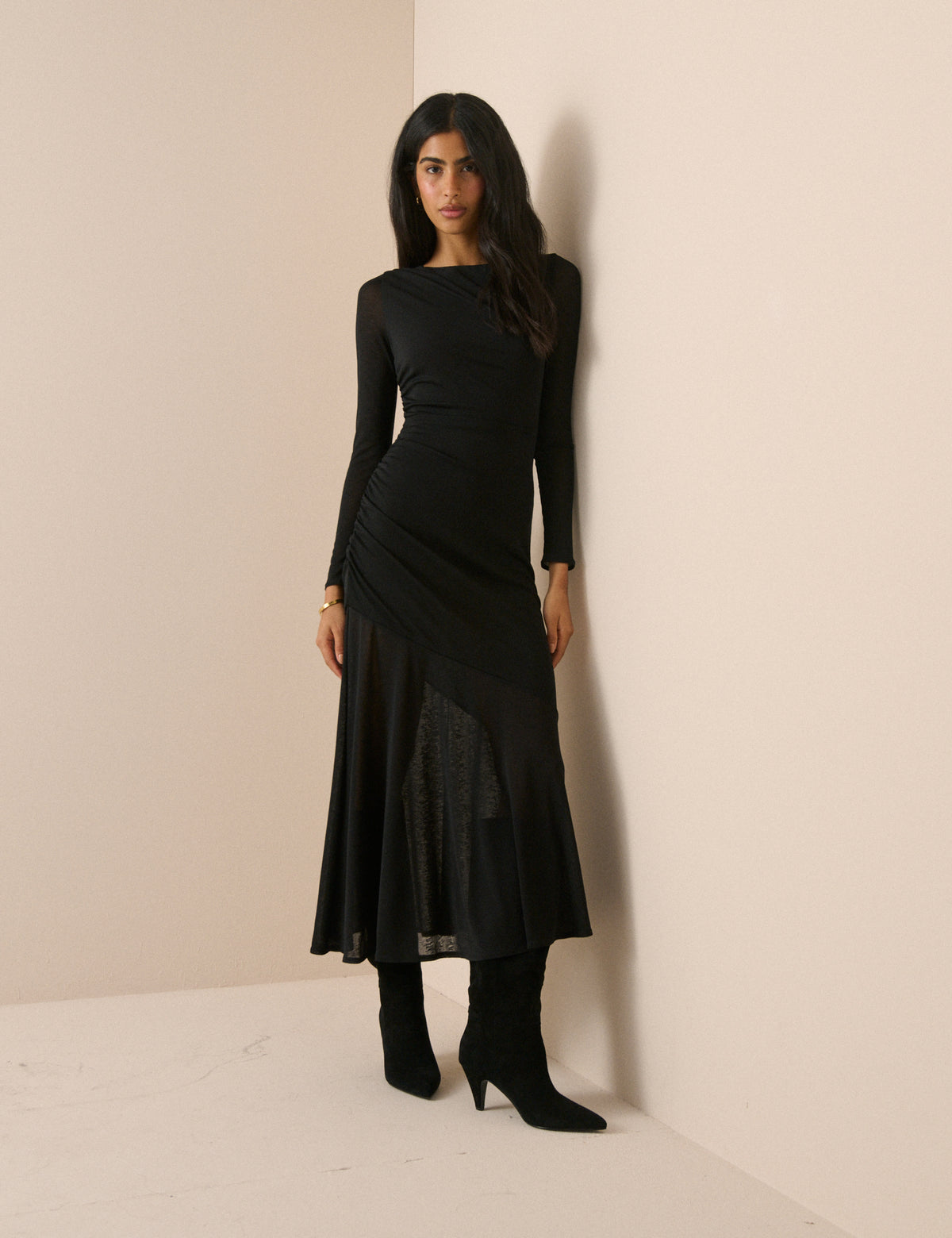 Black Jersey Ruched Tallulah Midi Dress