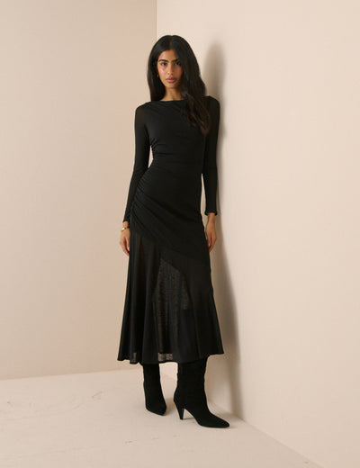 Black Jersey Ruched Tallulah Midi Dress