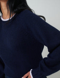 Navy Contrast Trim Knitted Jumper
