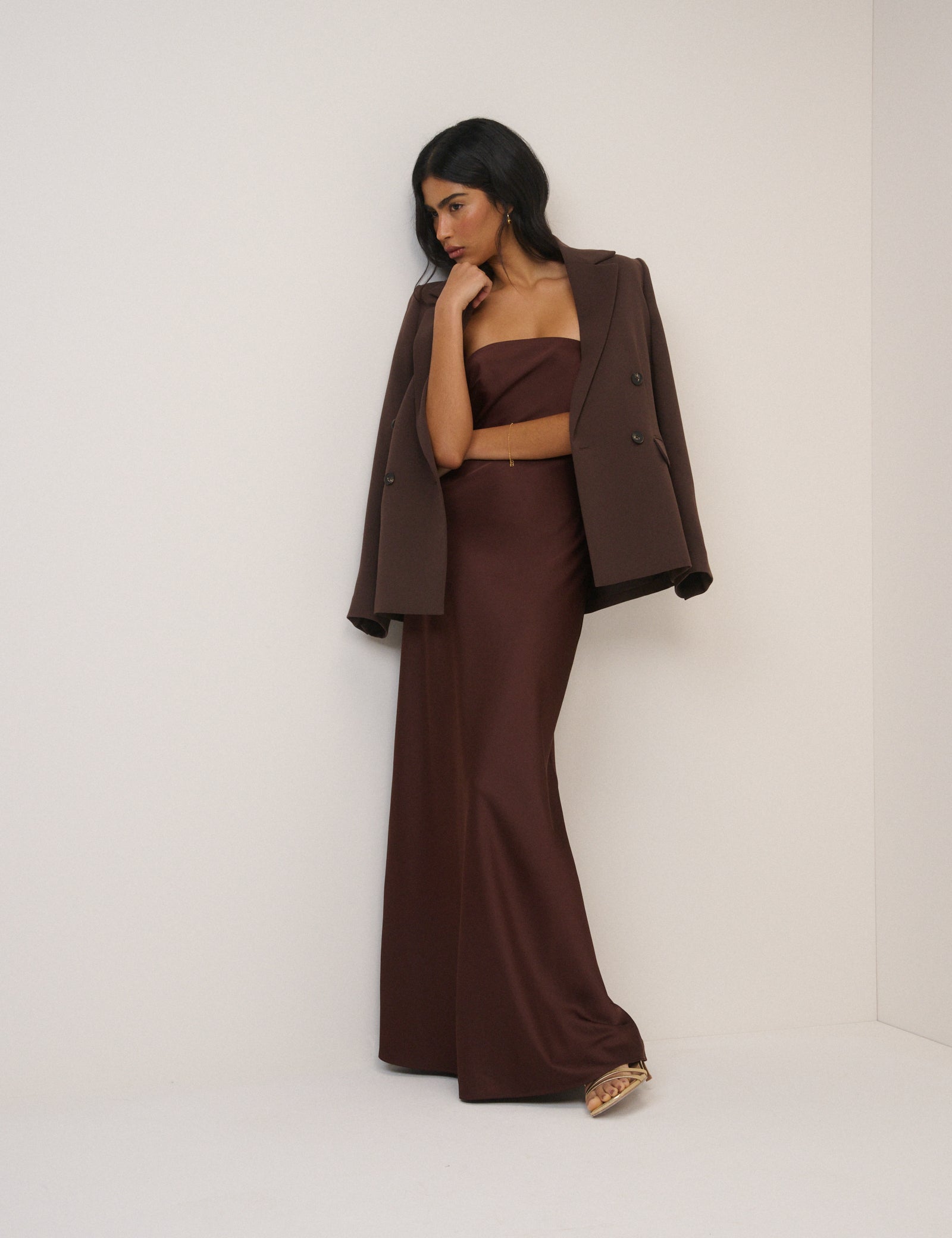 Chocolate Brown Satin Bandeau Arden Maxi Dress