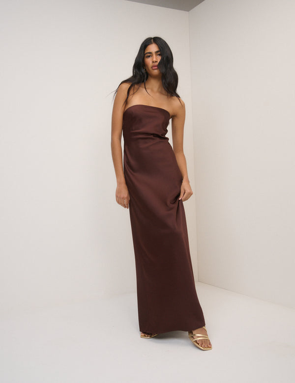 Chocolate Brown Satin Bandeau Arden Maxi Dress