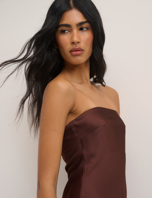 Chocolate Brown Satin Bandeau Arden Maxi Dress