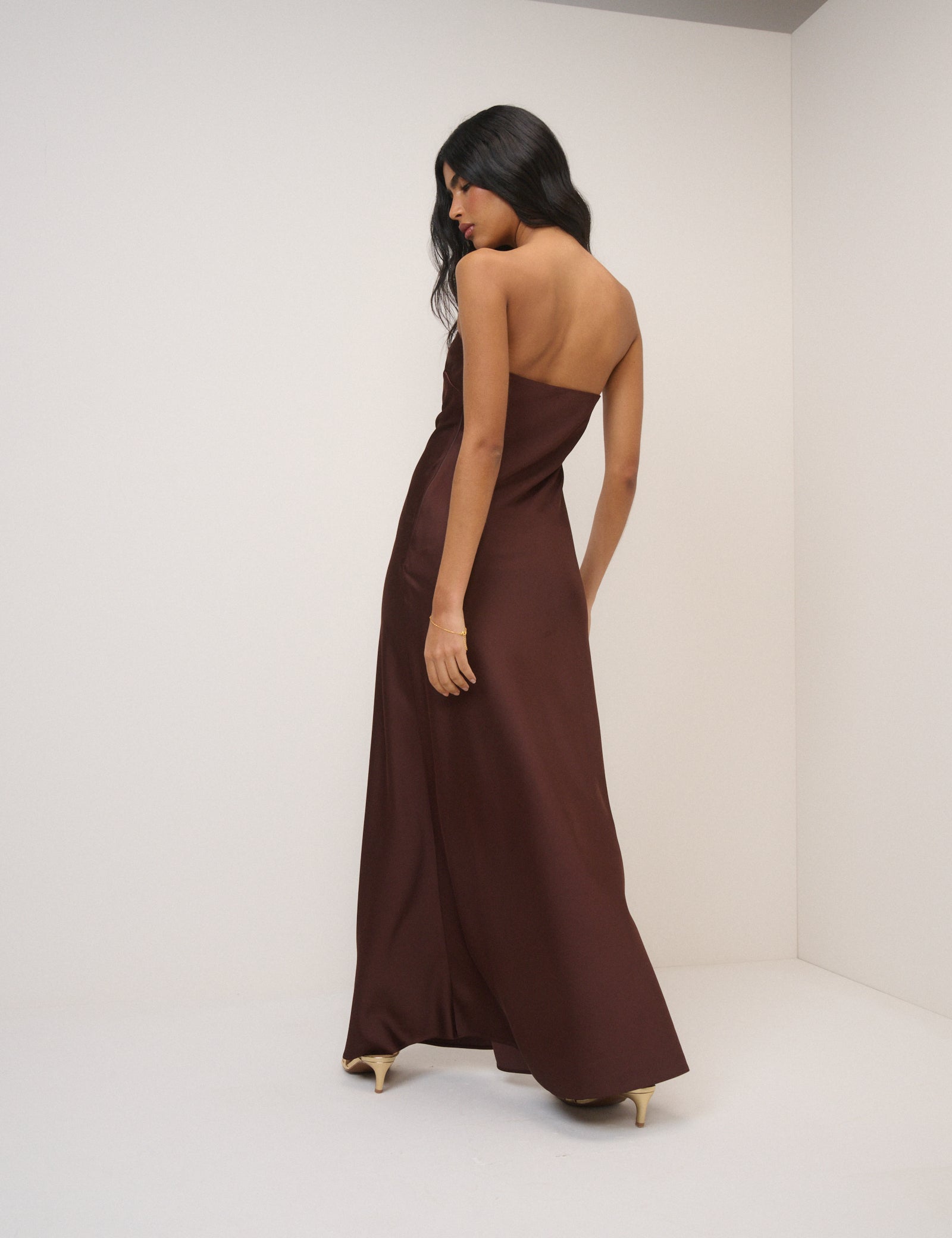 Chocolate Brown Satin Bandeau Arden Maxi Dress