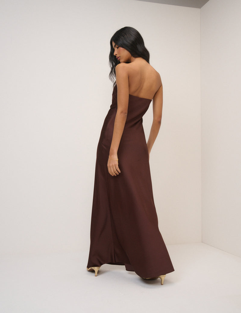 brown satin maxi dress Akiya in Hazelnut Multi Large Palm Designed with a delicate sweetheart neckline and center Women's Chocolate Satin Bandeau Scarf