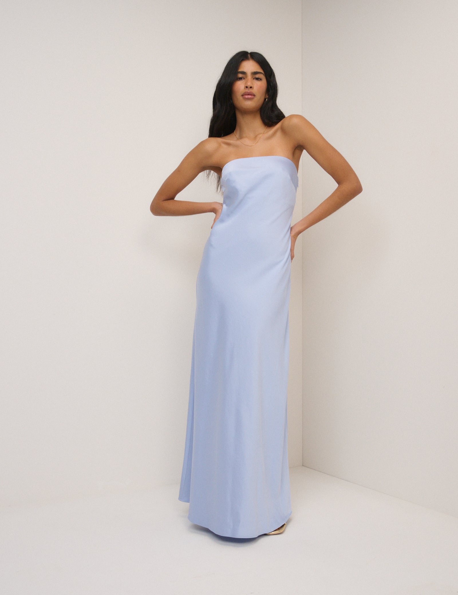 Soft Blue Satin Bandeau Arden Maxi Dress