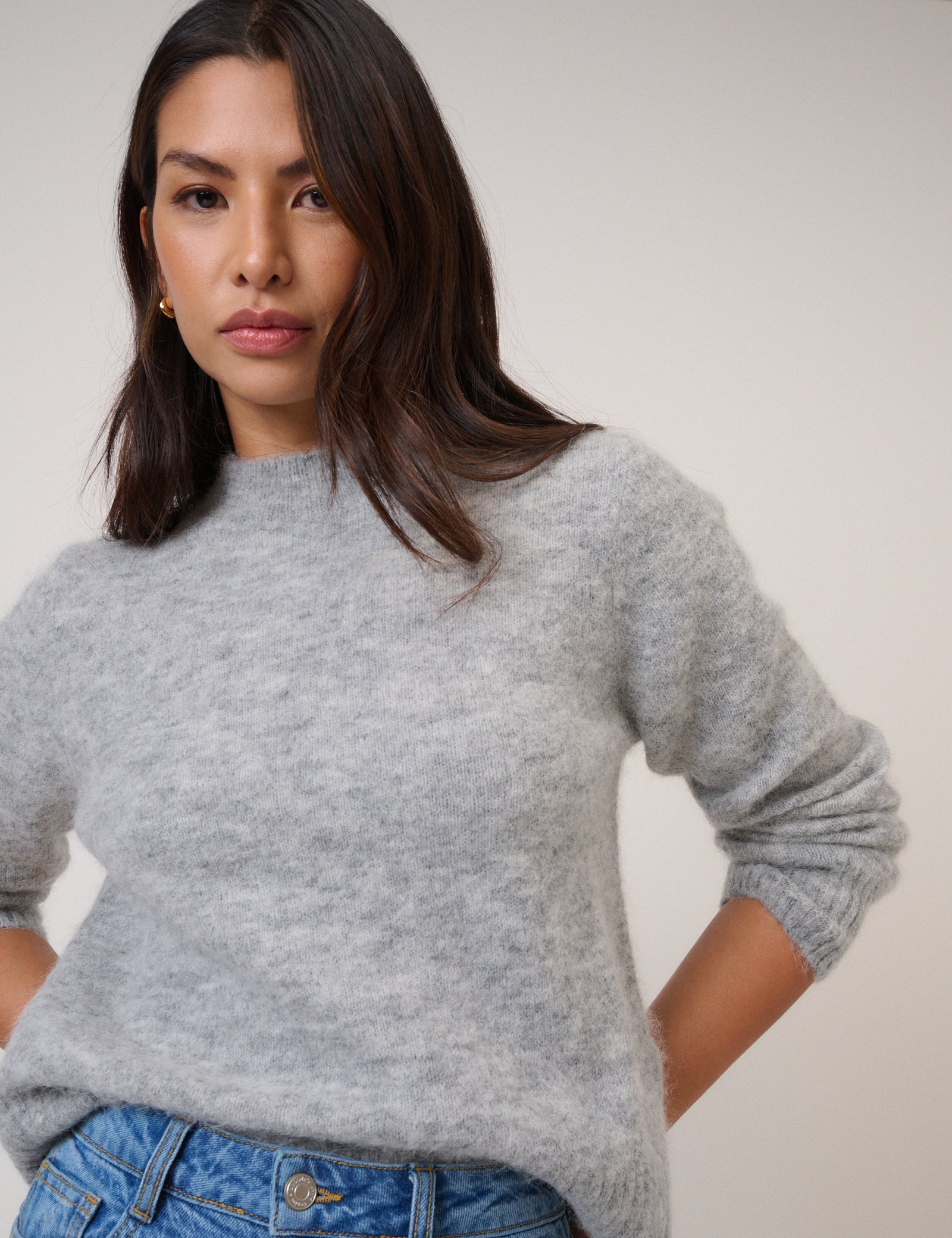 Grey Funnel Neck Knitted Jumper