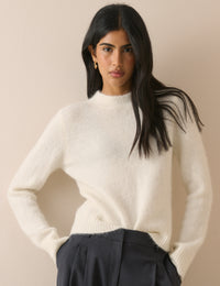 White Wool-Alpaca Ribbed Trim Jumper
