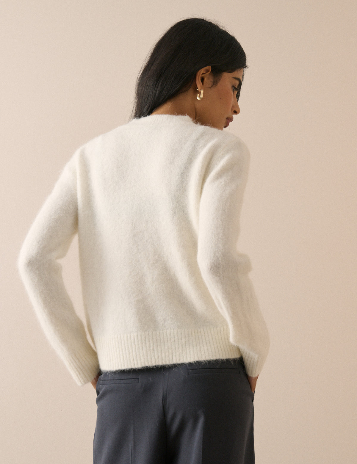 White Wool-Alpaca Ribbed Trim Jumper