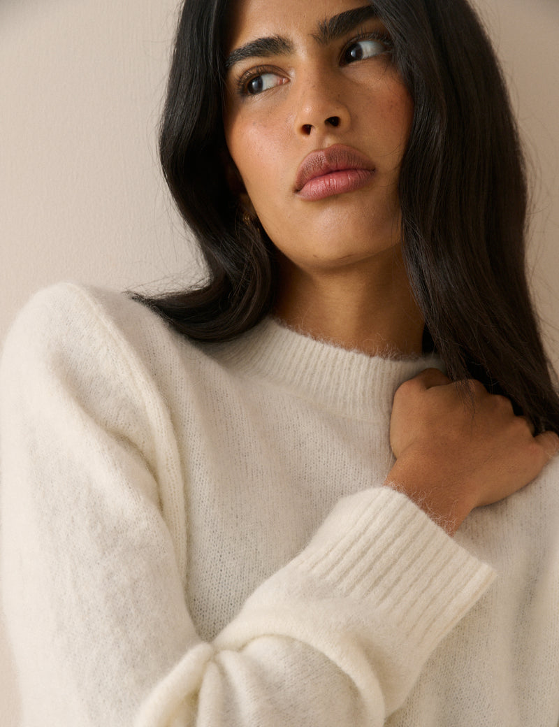 White Wool-Alpaca Ribbed Trim Jumper