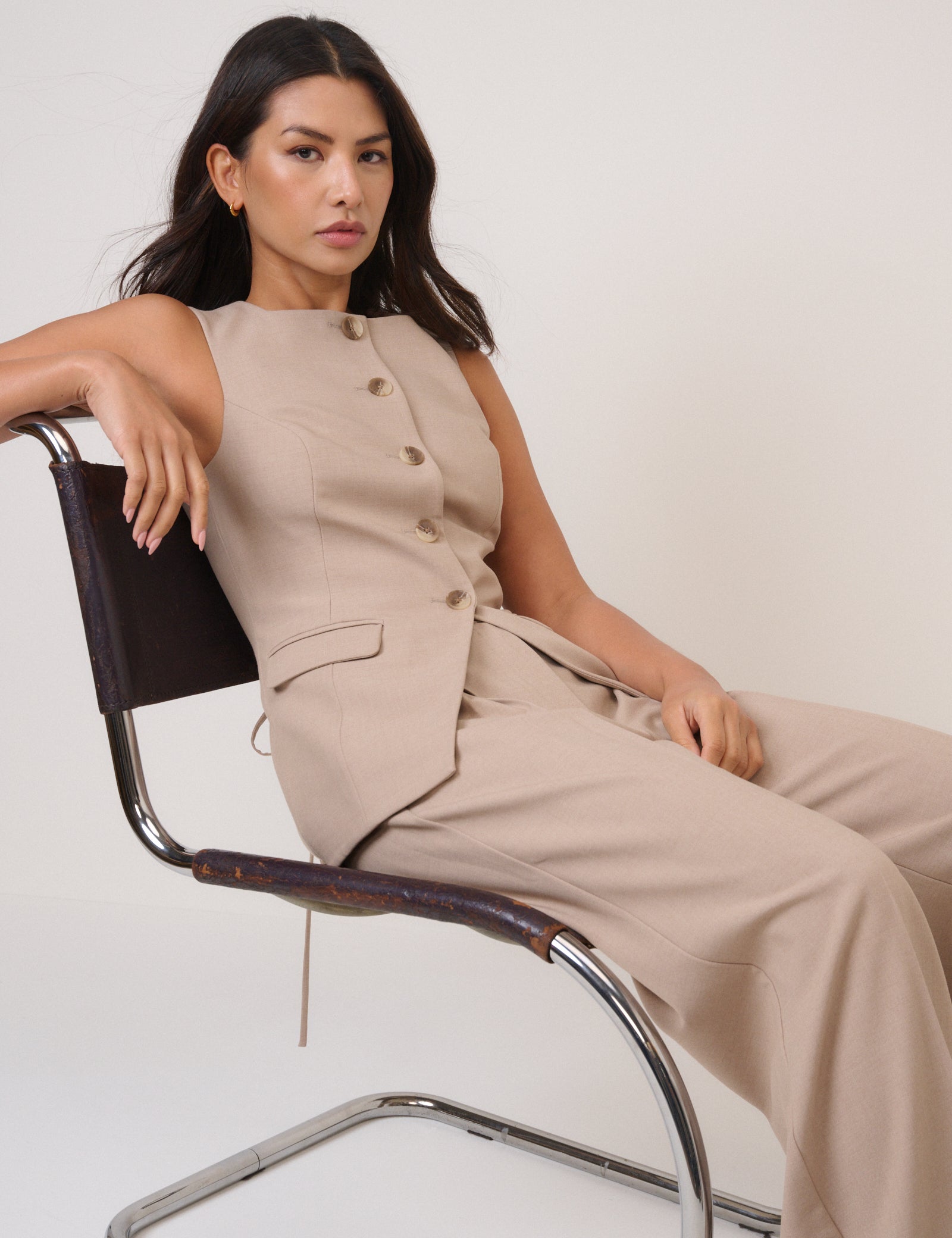 Beige Square Neck Longline Waistcoat