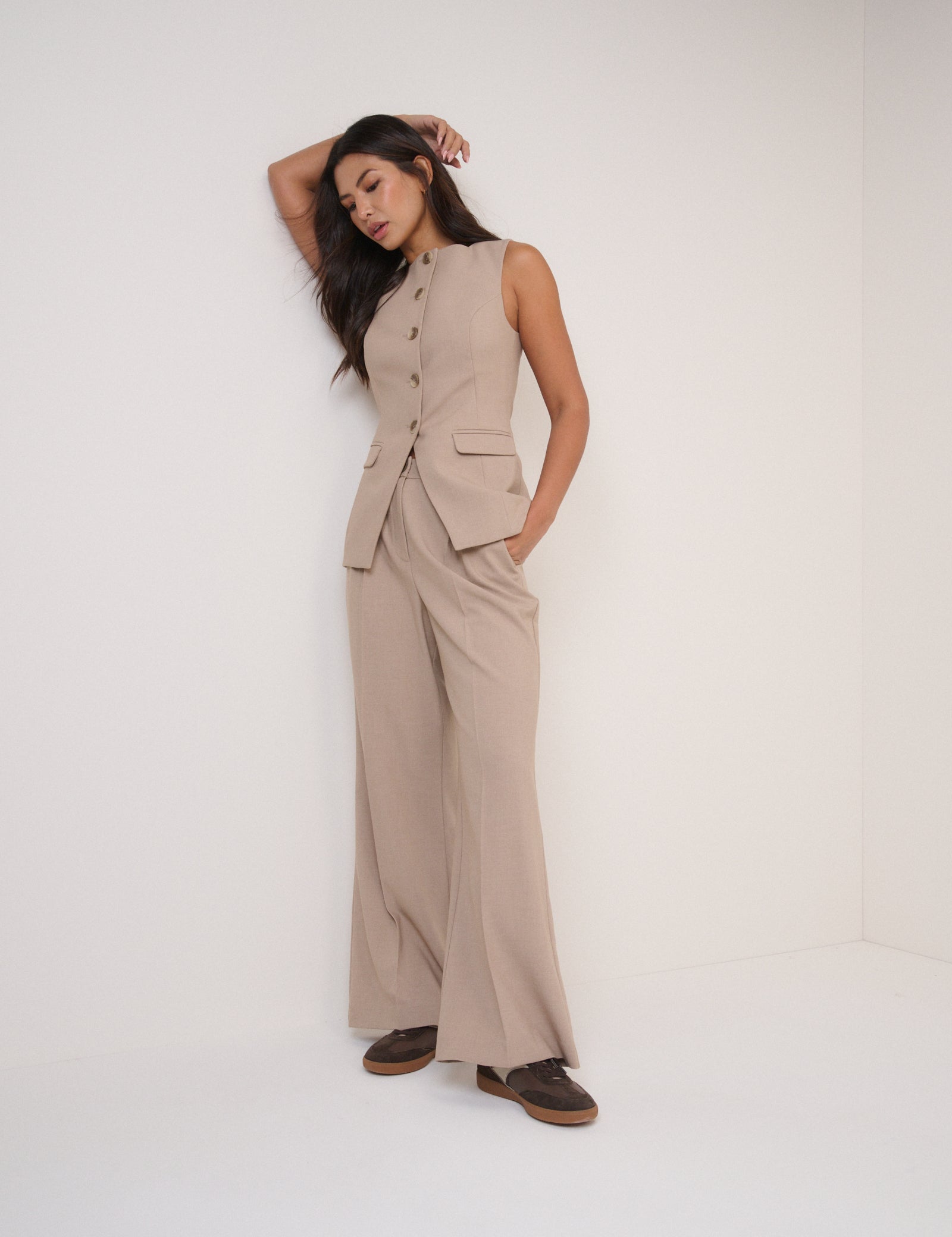 Beige Square Neck Longline Waistcoat