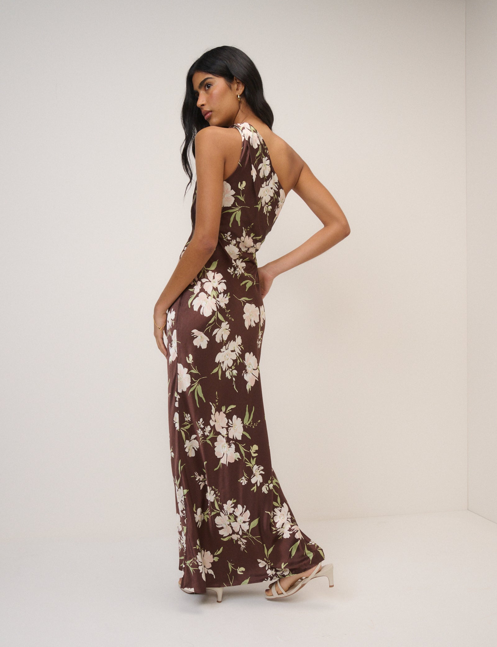 Chocolate Brown Floral One Shoulder Sloane Maxi Dress