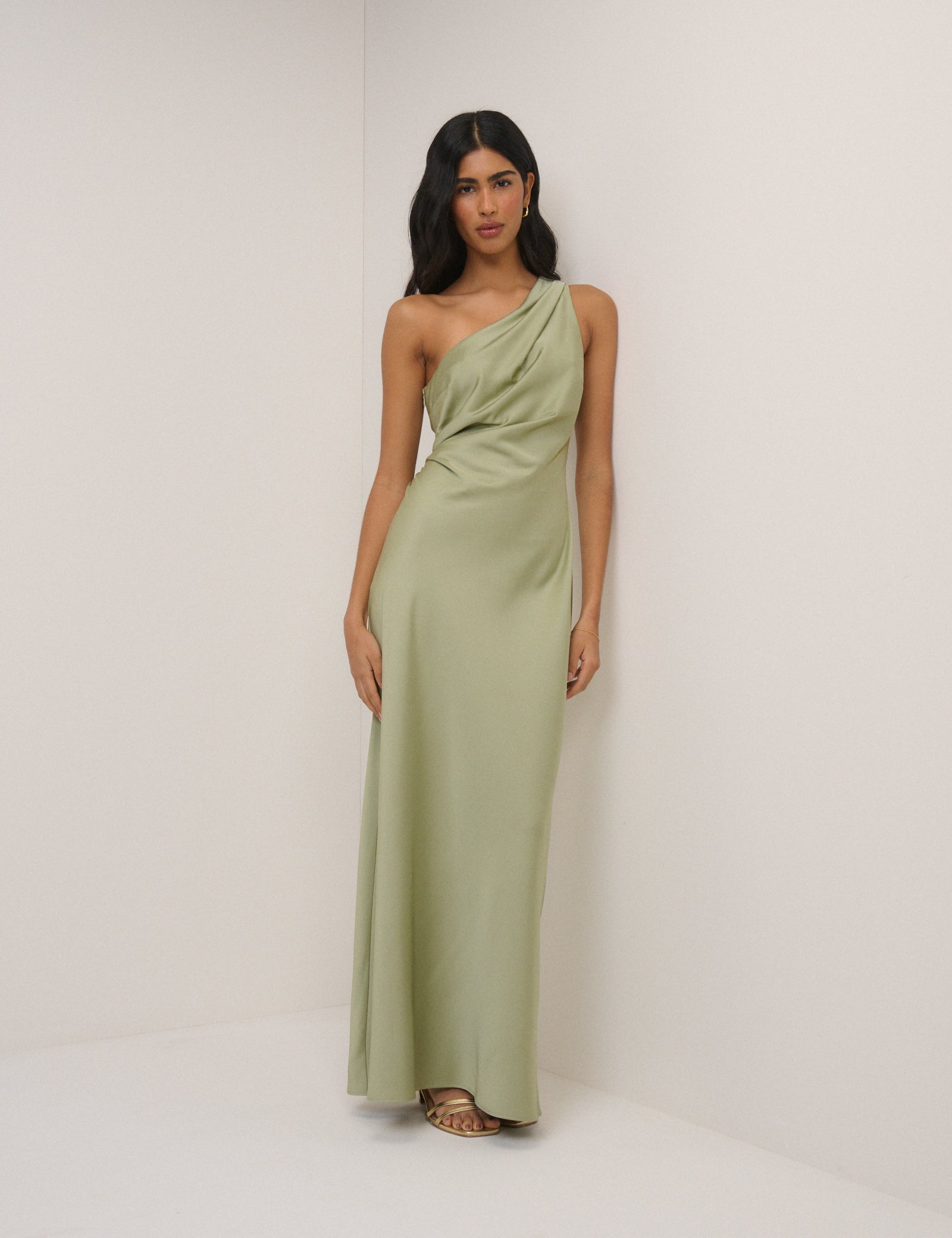 Sage Satin One-Shoulder Sloane Maxi Dress