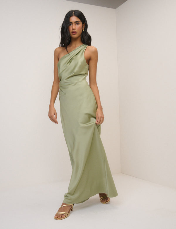 Sage Satin One-Shoulder Sloane Maxi Dress