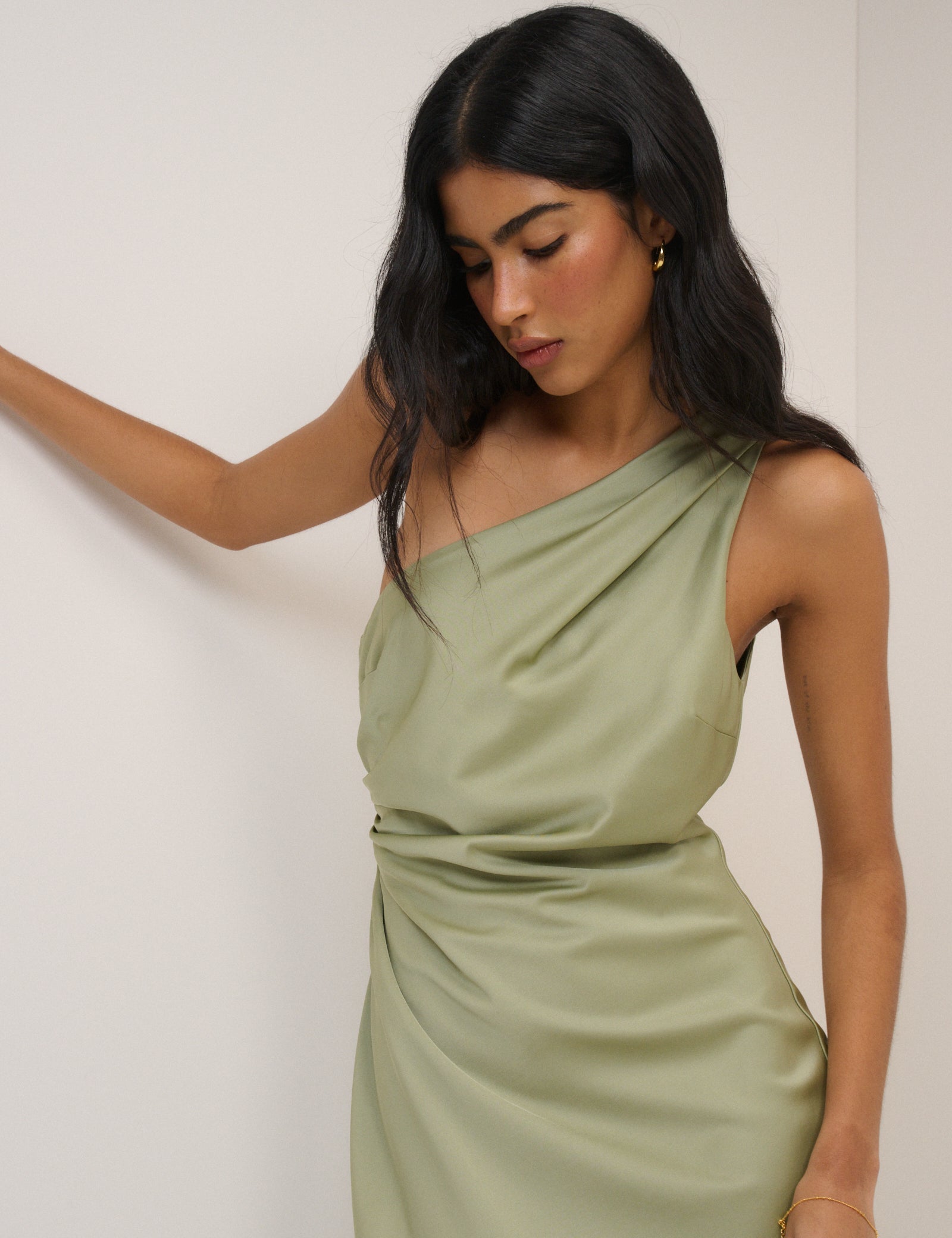 Sage Satin One-Shoulder Sloane Maxi Dress Sage Satin One-Shoulder Sloane Maxi Dress