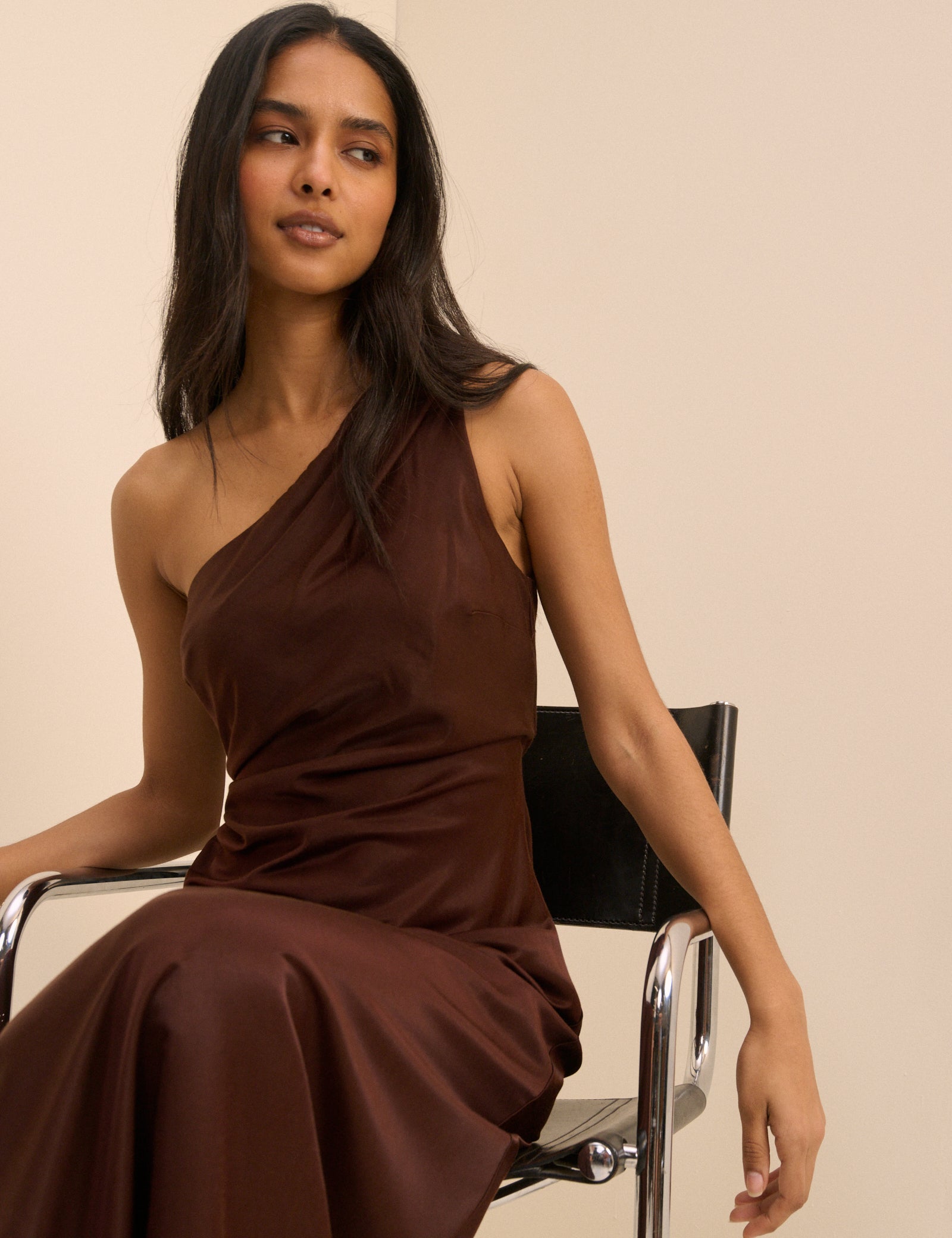 Brown Satin One-Shoulder Sloane Maxi Dress