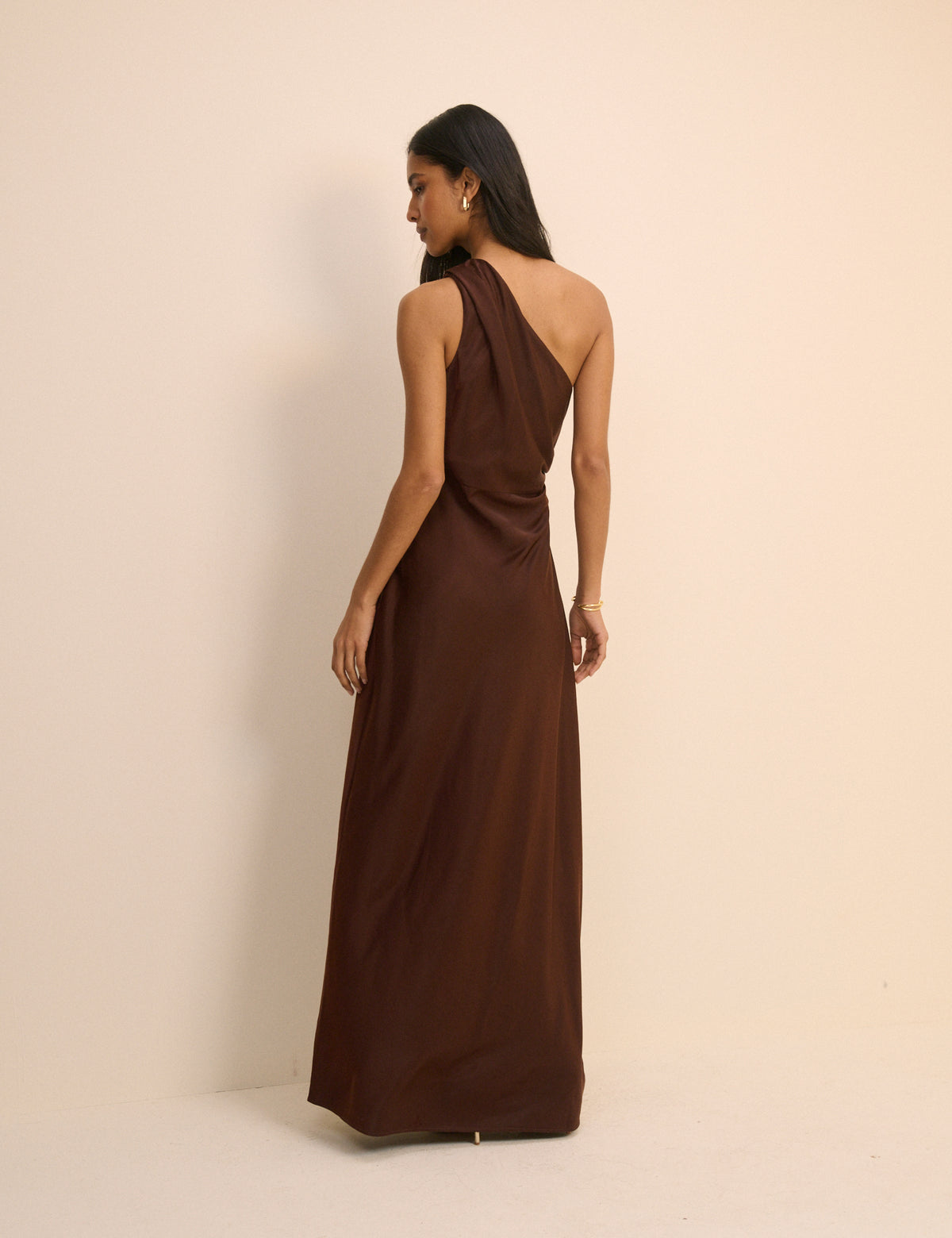 Brown Satin One-Shoulder Sloane Maxi Dress