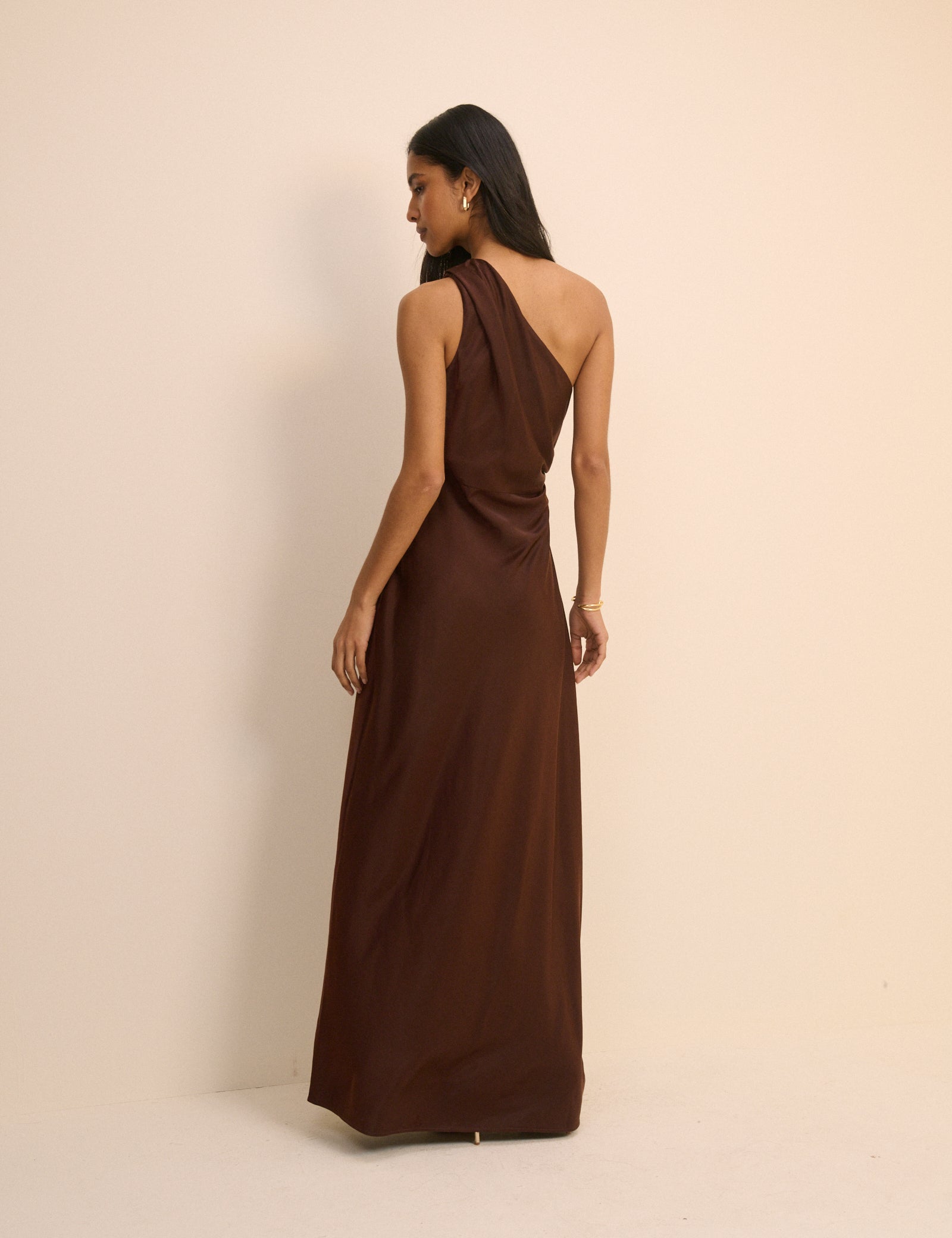 Brown Satin One-Shoulder Sloane Maxi Dress