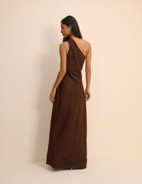 Brown Satin One-Shoulder Sloane Maxi Dress