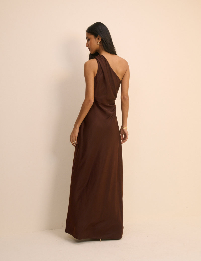 Brown Satin One-Shoulder Sloane Maxi Dress