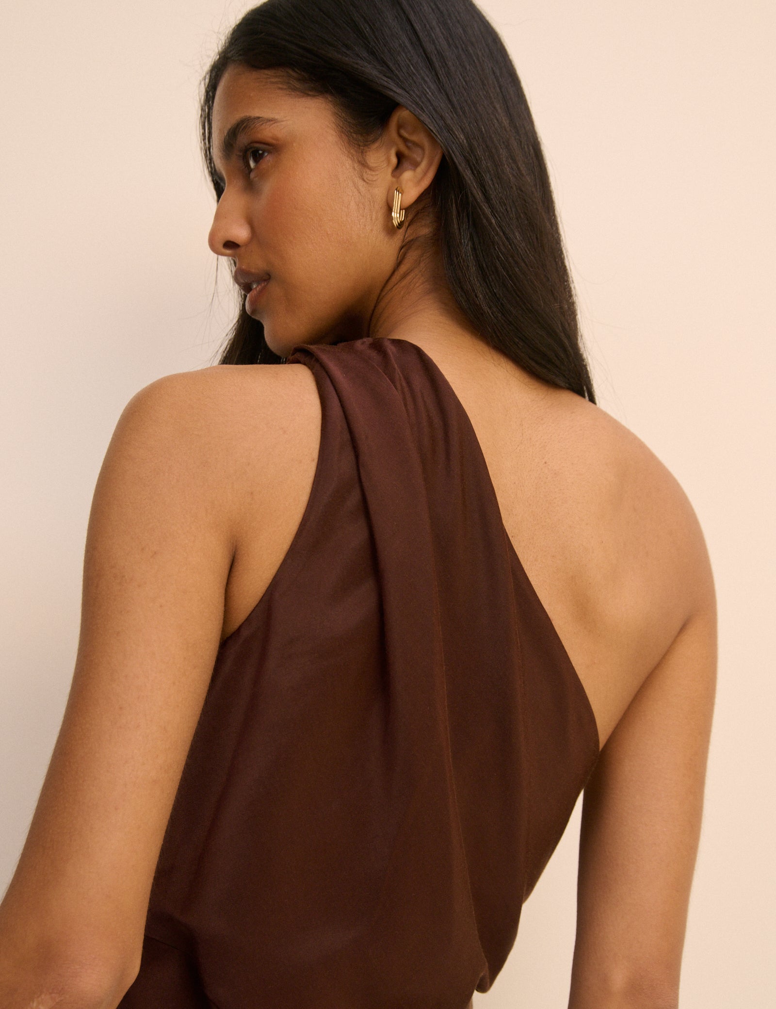 Brown Satin One-Shoulder Sloane Maxi Dress