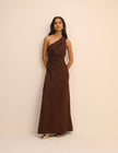 Brown Satin One-Shoulder Sloane Maxi Dress