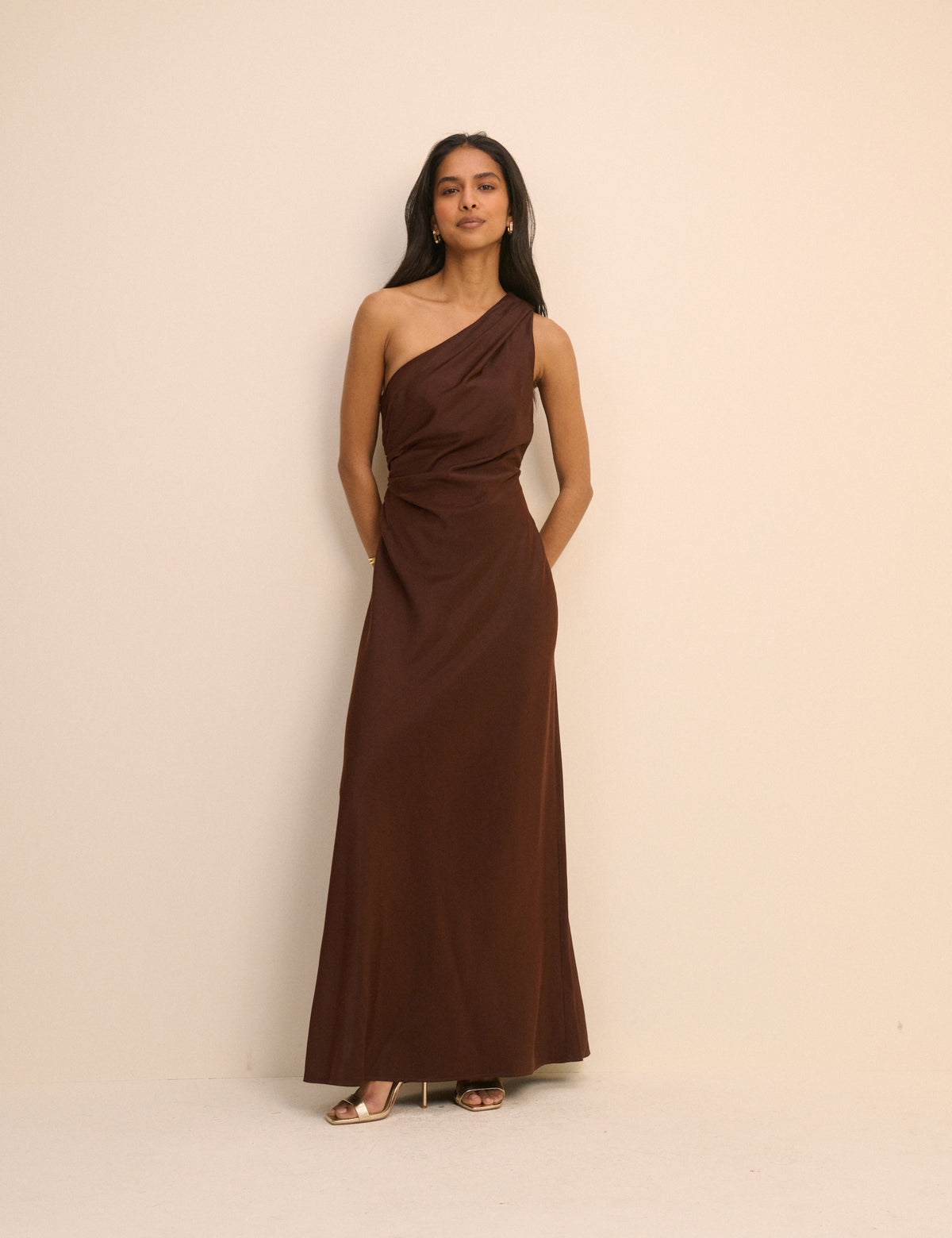 Brown Satin One-Shoulder Sloane Maxi Dress