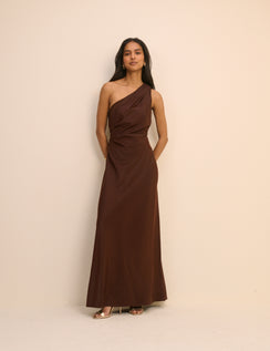 Brown Satin One-Shoulder Sloane Maxi Dress