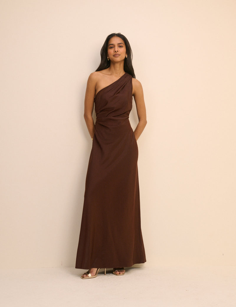 Brown Satin One-Shoulder Sloane Maxi Dress