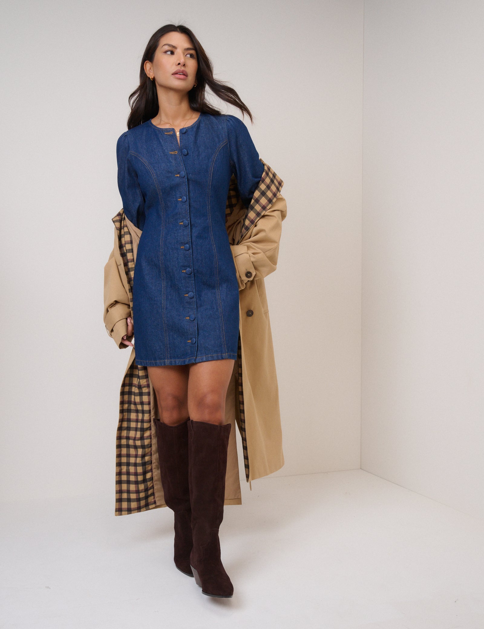 Blue Denim Balloon Sleeve Gemini Shift Mini Dress