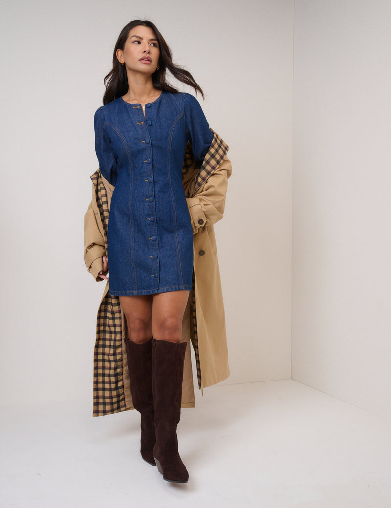 Blue Denim Balloon Sleeve Shift Mini Dress