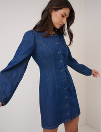 Blue Denim Balloon Sleeve Gemini Shift Mini Dress