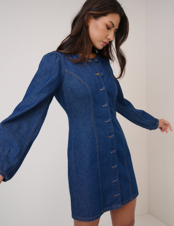 Blue Denim Balloon Sleeve Gemini Shift Mini Dress
