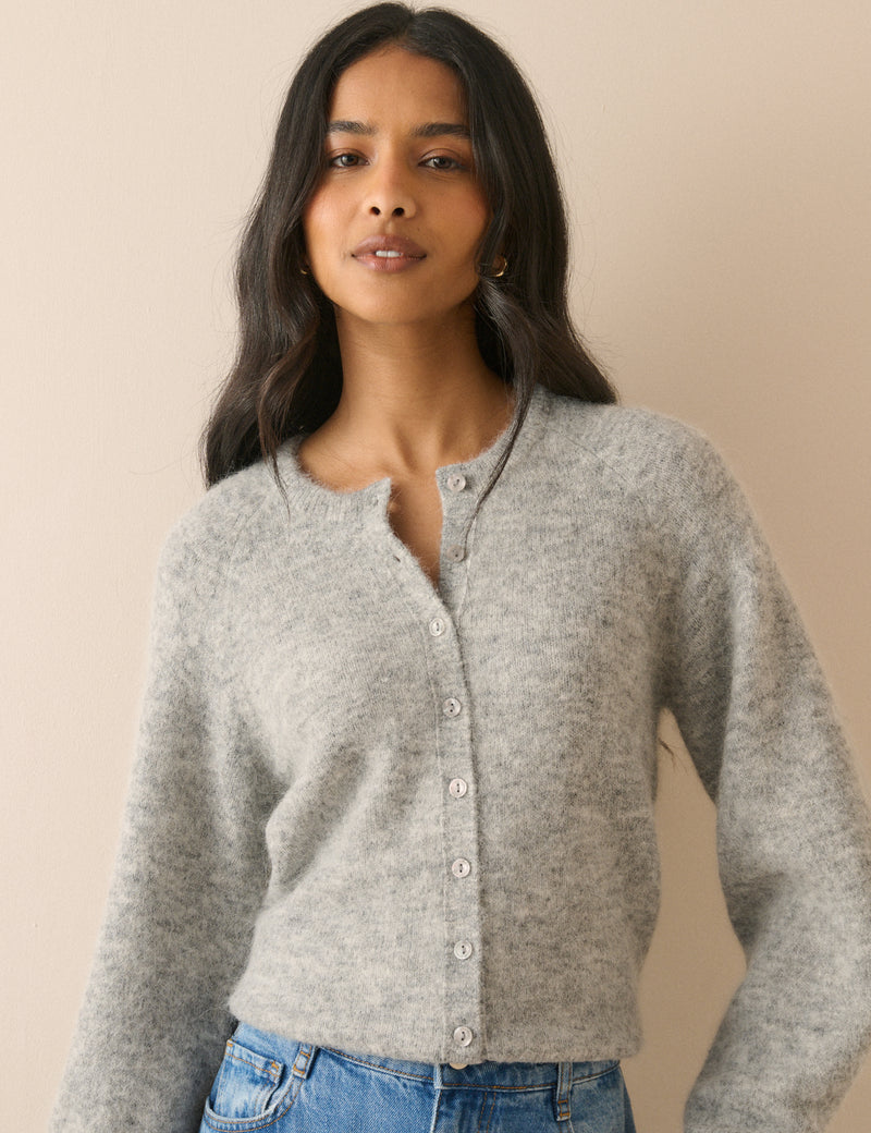 Grey Ribbed Trim Cardigan