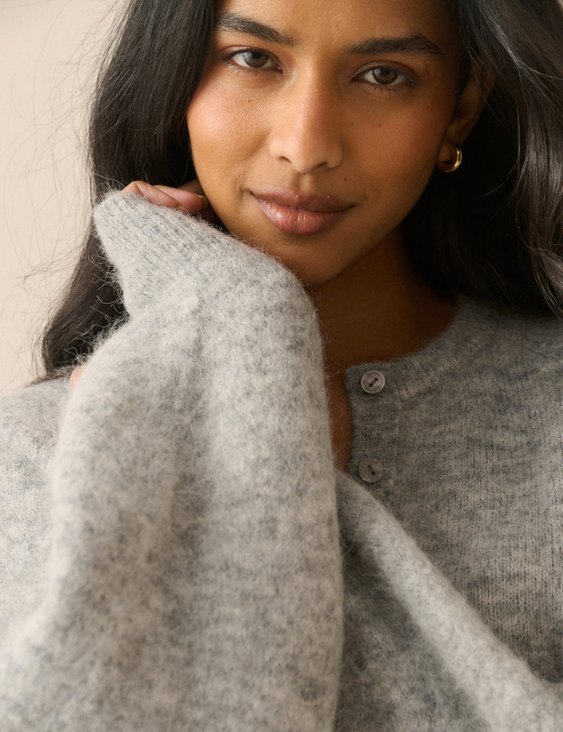 Grey Ribbed Trim Cardigan
